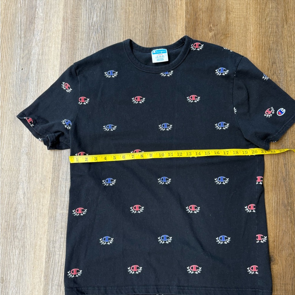 Champion Black Tee with Red and Blue Logo Accents